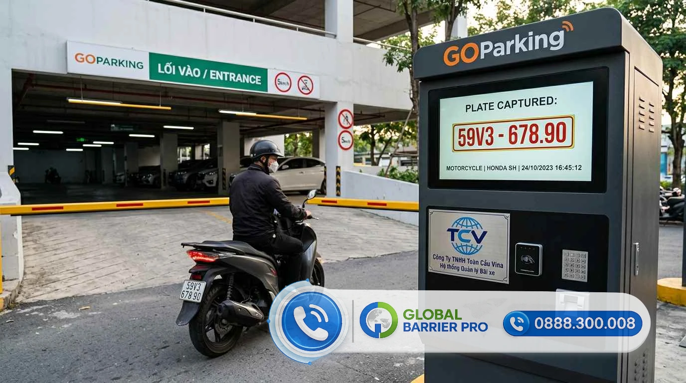 Hệ thống GO Parking tự động nhận diện biển số xe qua camera AI với biển số 59V3-678.90 và thông tin xe máy Honda SH