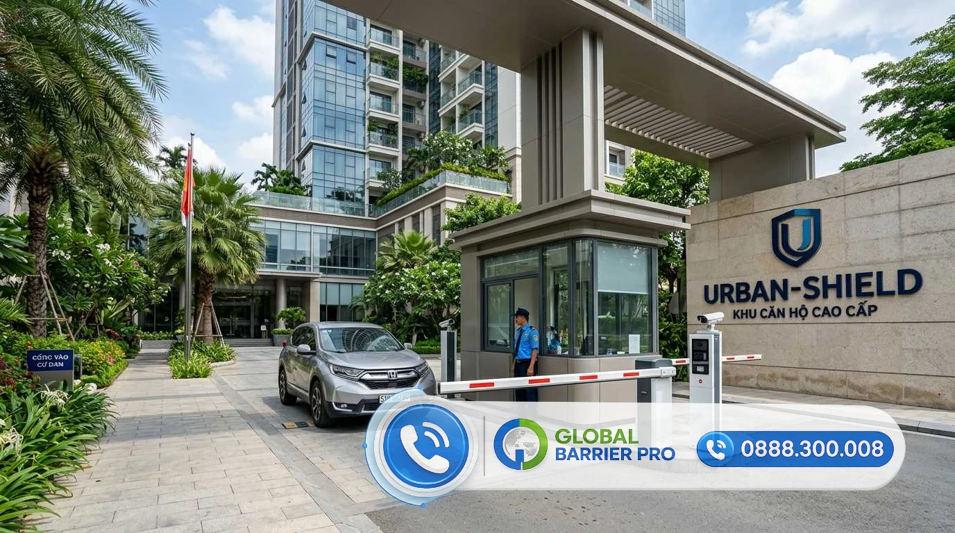 Cổng rào tự động tại khu căn hộ cao cấp Urban-Shield, hệ thống an ninh hiện đại và thiết kế kiến trúc sang trọng