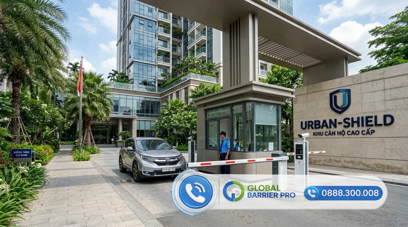Hệ thống barie rào chắn tại khu căn hộ Urban-Shield với xe ô tô và nhân viên bảo vệ
