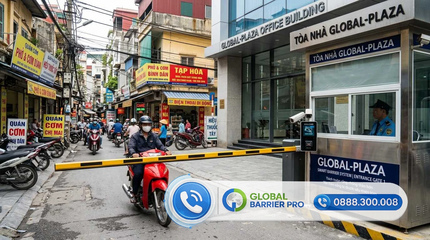 Hệ thống rào chắn thông minh tại cổng vào tòa nhà văn phòng Global Plaza, kết hợp cảnh đường phố đô thị sầm uất