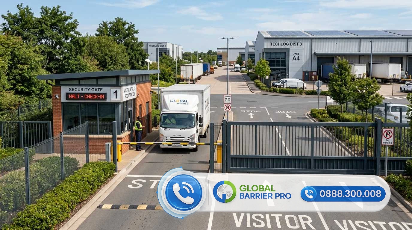Hệ thống kiểm soát an ninh tại khu công nghiệp với cổng rào tự động và dịch vụ logistics