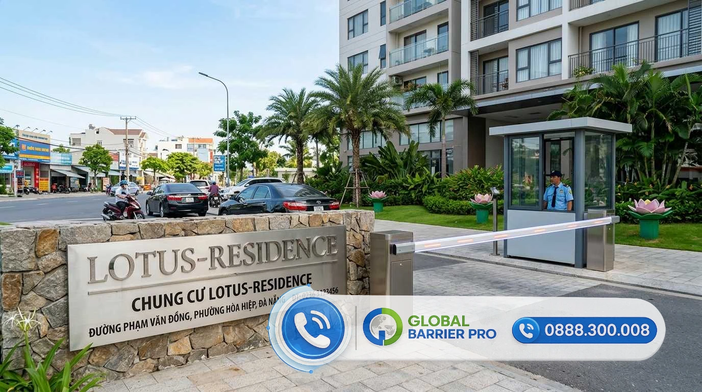 Cổng chào khu chung cư Lotus Residence với hệ thống rào chắn tự động