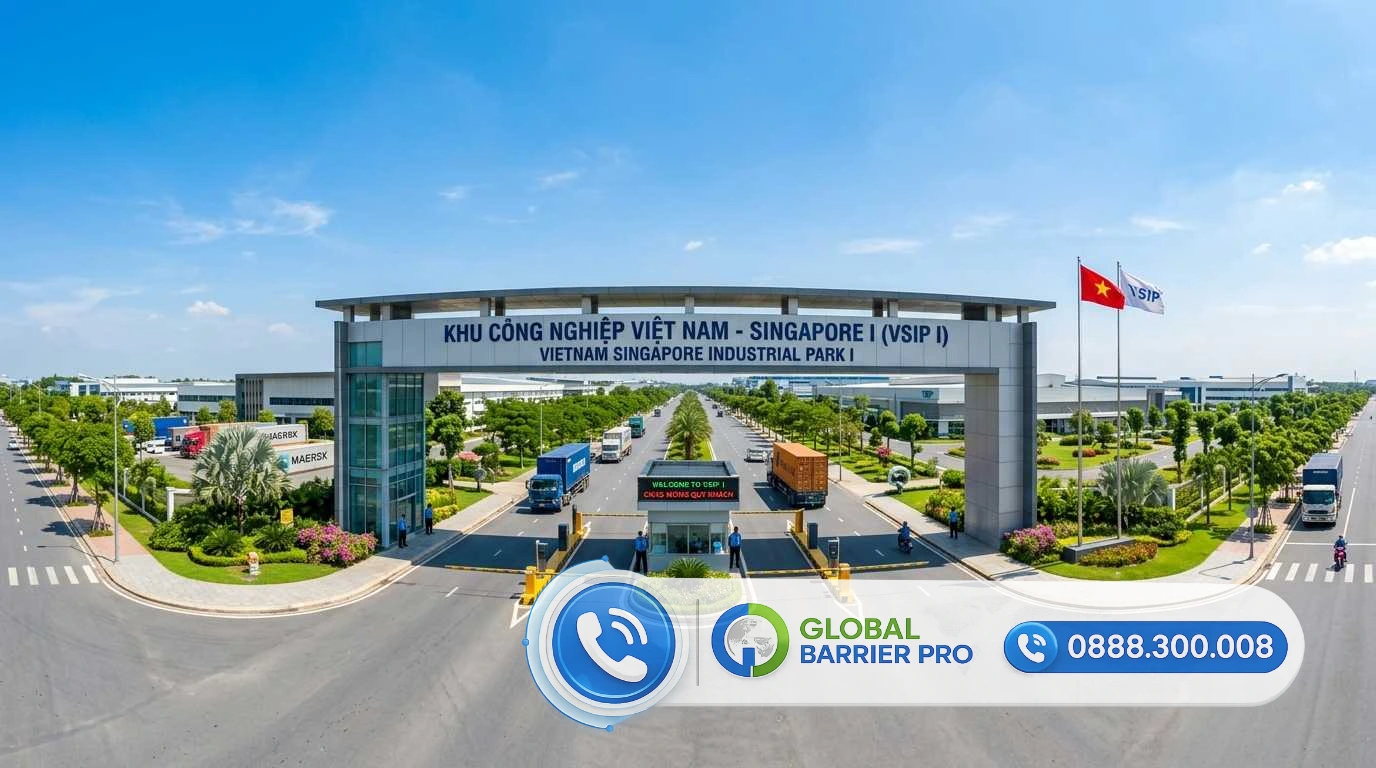 Cổng khu công nghiệp Việt Nam - Singapore I (VSIP I) với hệ thống rào chắn tự động
