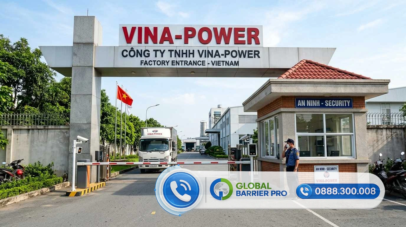 Cổng chính nhà máy VINA-POWER với hệ thống rào chắn tự động và trạm bảo vệ an ninh