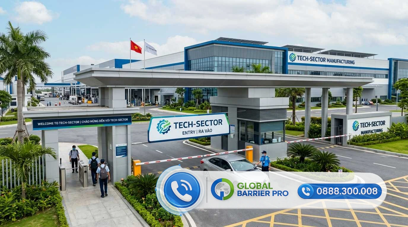 Cổng chính nhà máy sản xuất TECH-SECTOR với hệ thống rào chắn GLOBAL BARRIER PRO và hệ thống kiểm soát ra vào thông minh