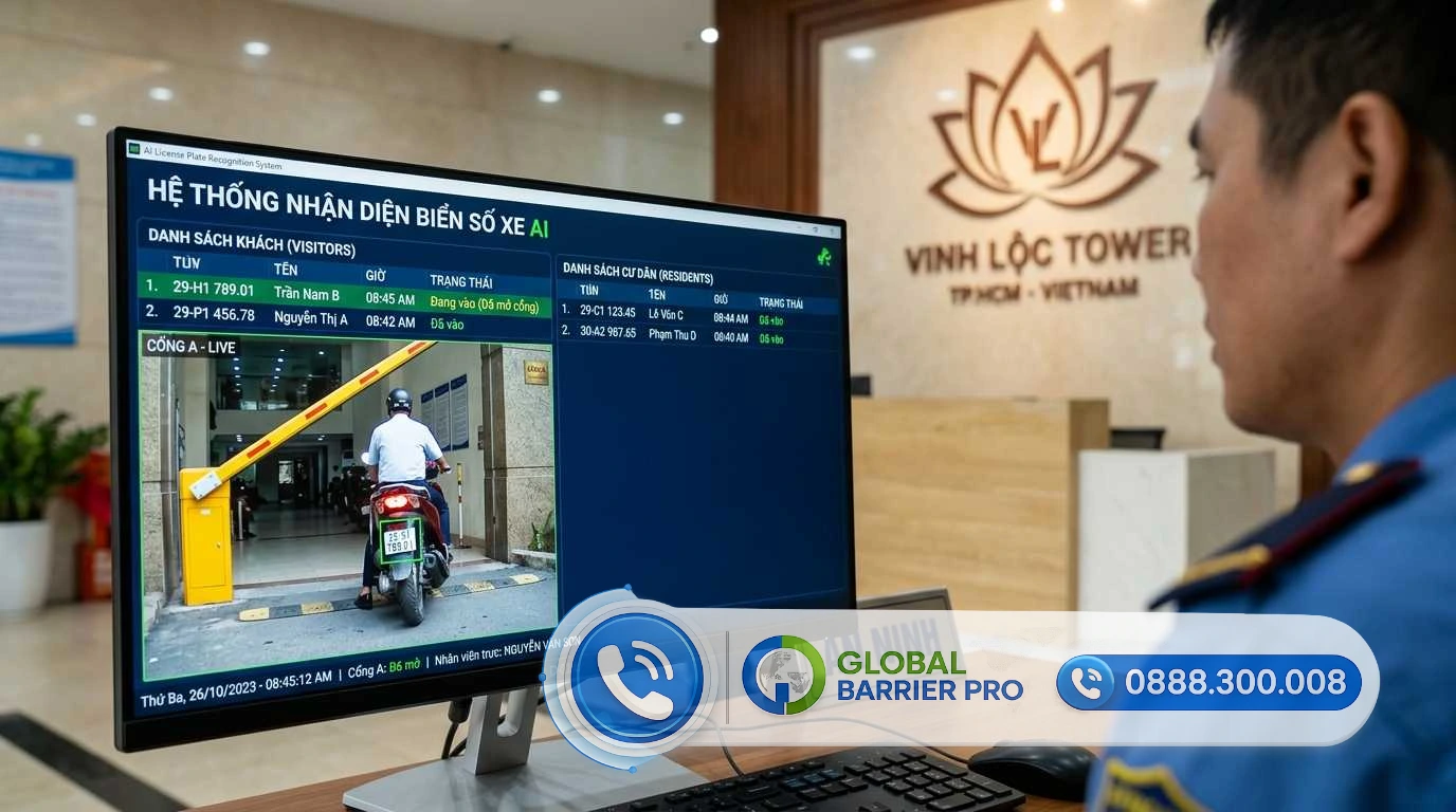 Hệ thống nhận diện biển số xe AI tại Vinh Loc Tower, kết hợp với camera giám sát và màn hình hiển thị thông tin