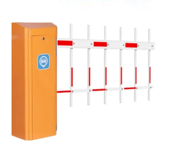 Hệ thống rào chắn tự động với hộp điều khiển màu cam và thanh chắn trắng đỏ