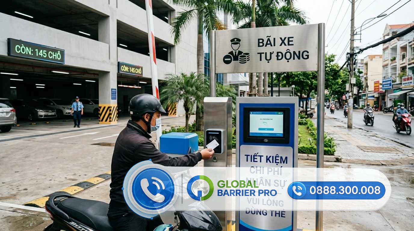 Hệ thống bãi xe tự động với thiết bị kiểm soát ra vào và thương hiệu Global Barrier Pro